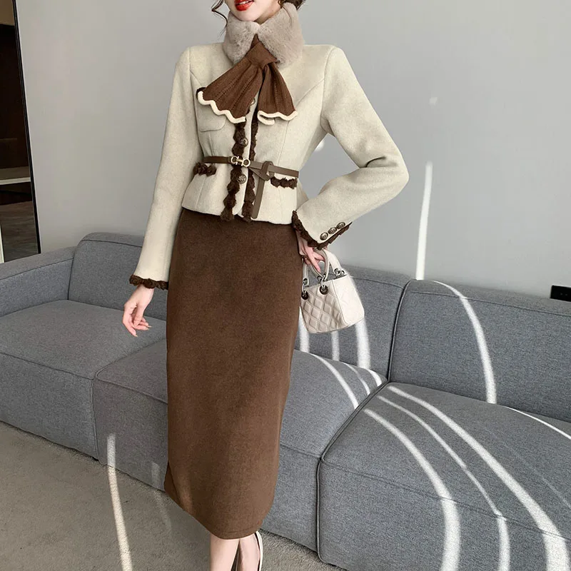 

Luxury Fashion Women Autumn Winter 2 Piece Set Thick Wool Double Breasted Long Sleeve Belt Outwear Jakcet+High Waist SKirt Sets