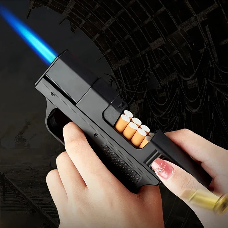2026 New Clip Gun Type Butane Gas Lighter Three Capacity Cigarette Holder Windproof Jet Blue Flame Portable Lighters Men's Gifts