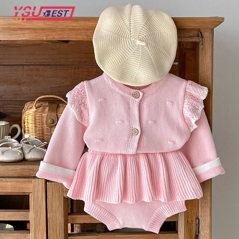 

New Baby Girls Knit Clothing Set Autumn Newborn Pink Princess Knit Cardigan +PP Shorts Suit Children Clothes Suit Spring Ruffled