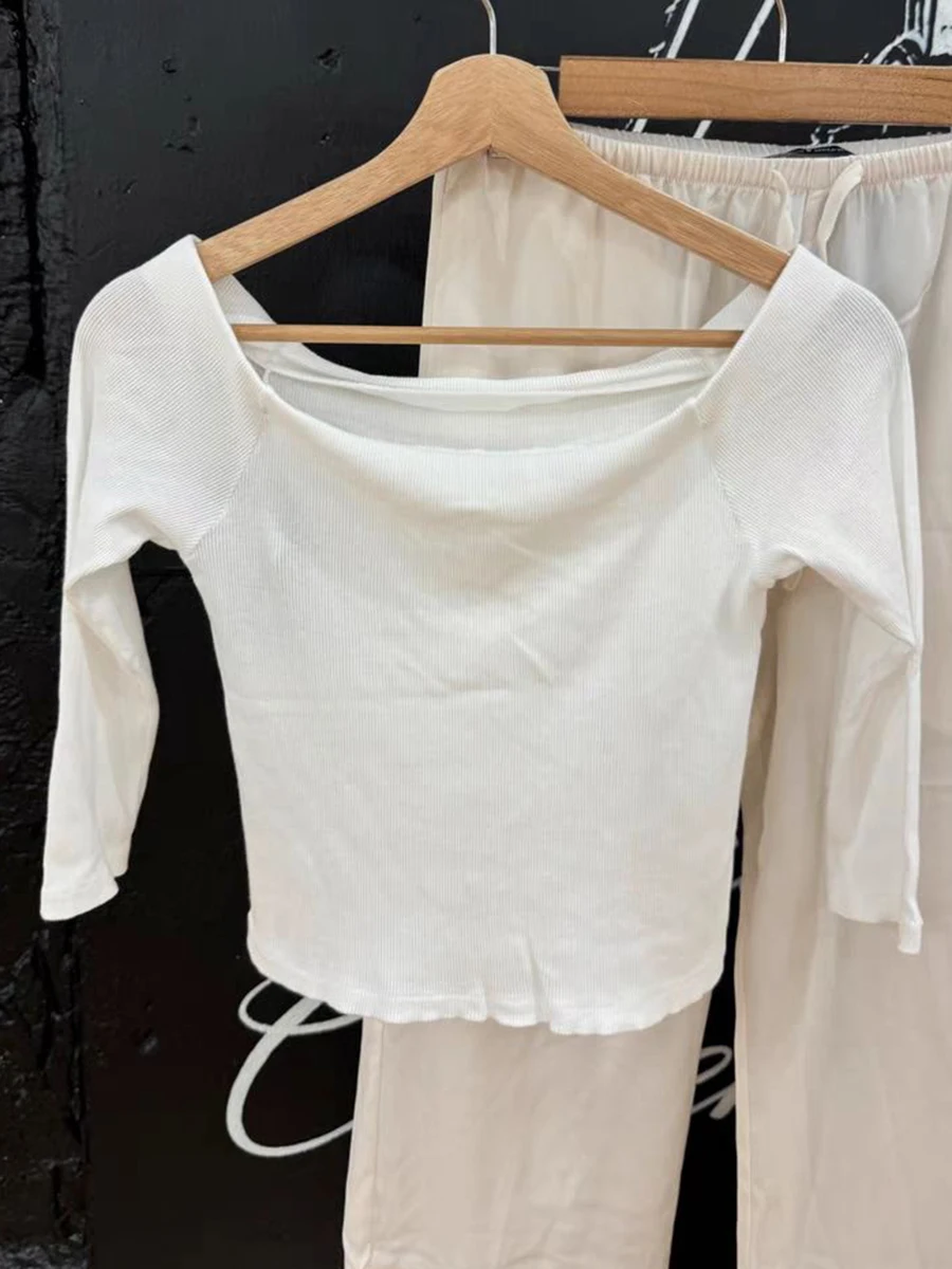 White Ribbed Slim Three Quarter Sleeve T-Shirt Women Summer Sexy Slash Neck Cotton Tees American Vintage Streetwear Y2k Tops