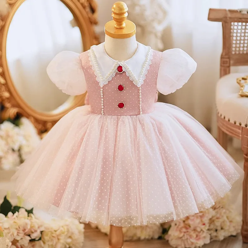 1-7T Girls Pink Princess Dresses Sweet Beading Lace Lapel Collar Short Bubble Sleeves Birthday Party Gown Flower Girl Dresses