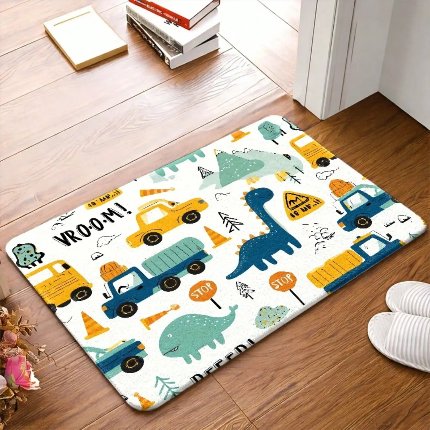 1pc, Kids' Fun Dinosaur Car Flannel Floor Mat, Non-Slip Rubber Backing Durable Washable Doormat, Universal Rug For Bedroom, Living Room, Kitchen, Bathroom