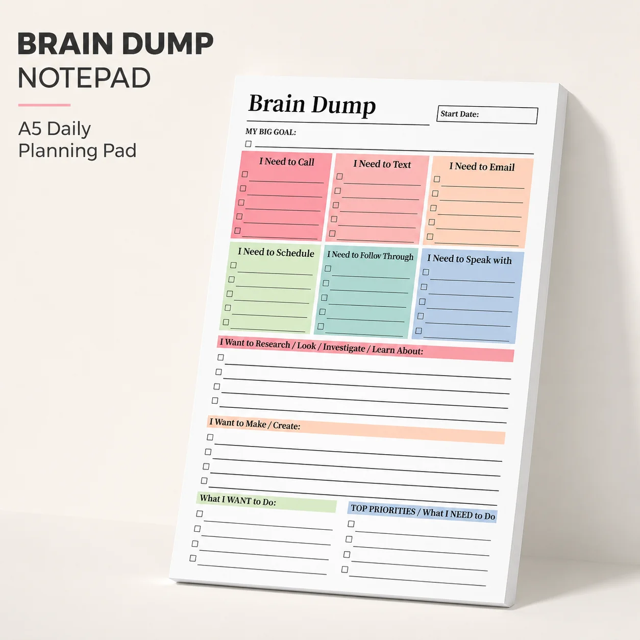 1 PC A5 Brain Dump Notepad, Minimalist Daily Planner with Tear-Off To Do List, Multiple Functional Sections.