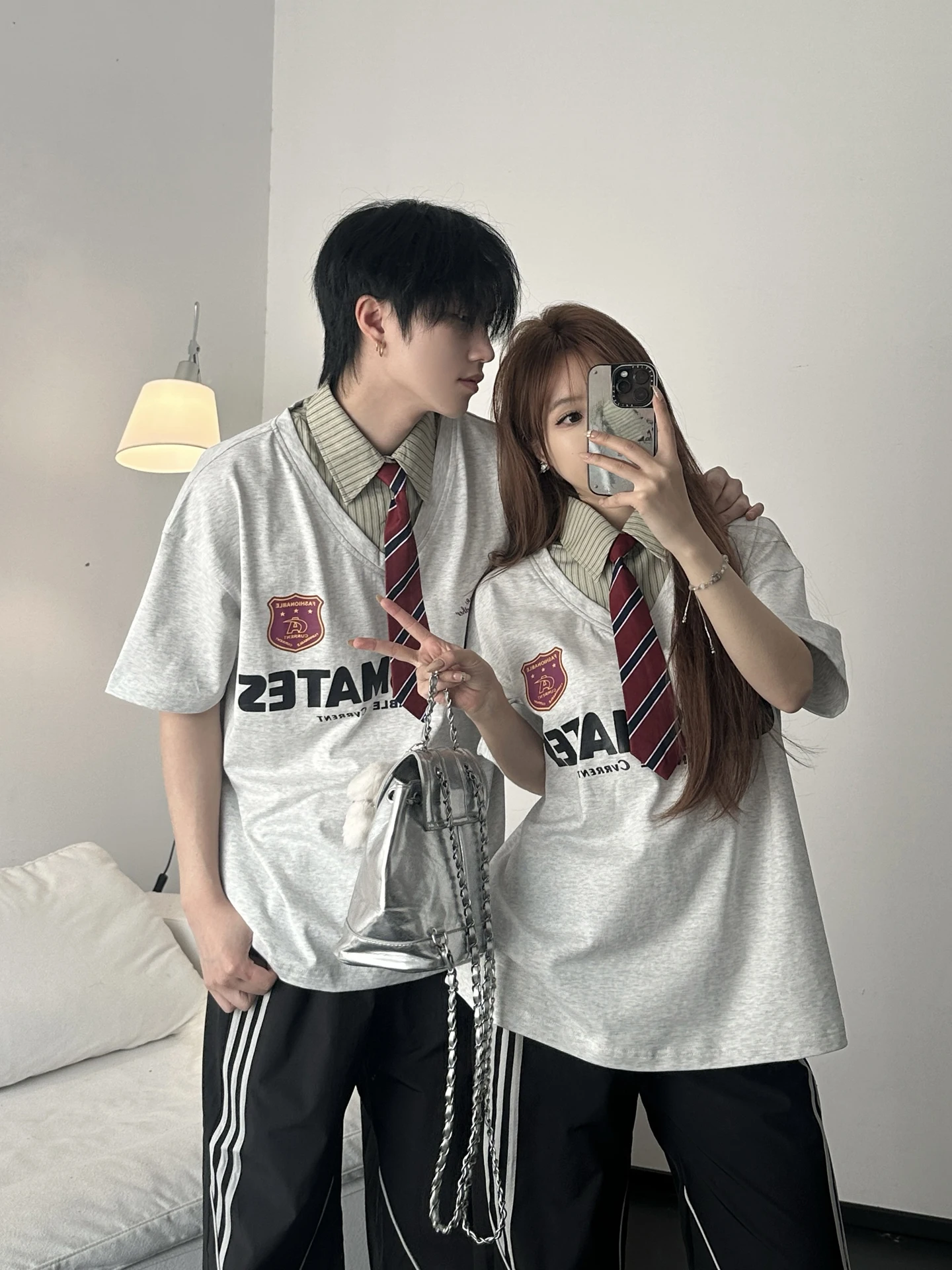 

Korean Retro College Style Short Sleeve T-Shirt Unisex Casual Sportswear Graduation Class Uniform Summer Couple Matching Set