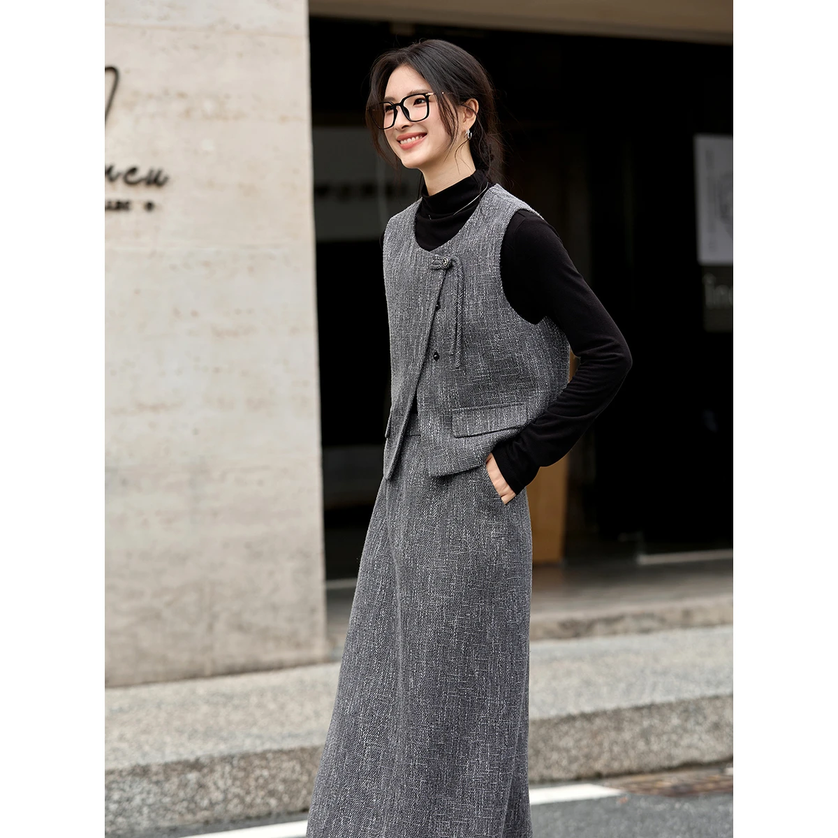 Vimly Women's Tweed Suit Set 2025 autumn new O-Neck vest & A-line Long Skirt office lady commuter elegant Two Piece Outfit