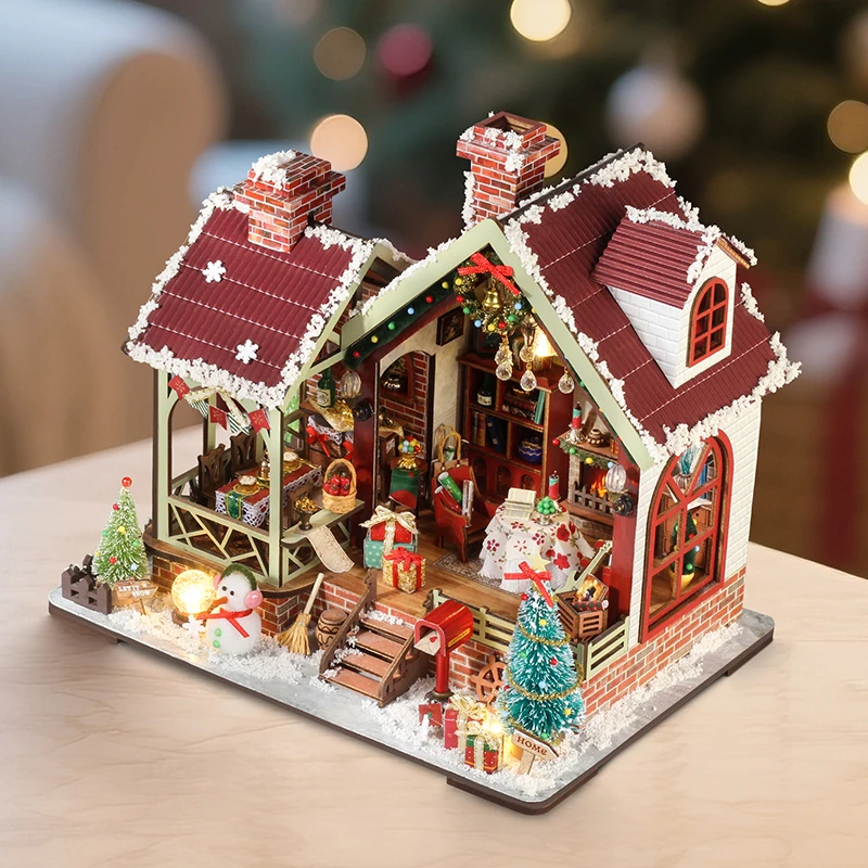 DIY Drewniane Ciepłe Świąteczne Figurki Casa Miniaturki Domek dla Lalek Zmontowane Domki ze Światłami na Prezenty dla Przyjaciół Dekoracje Domu Rękodzieło