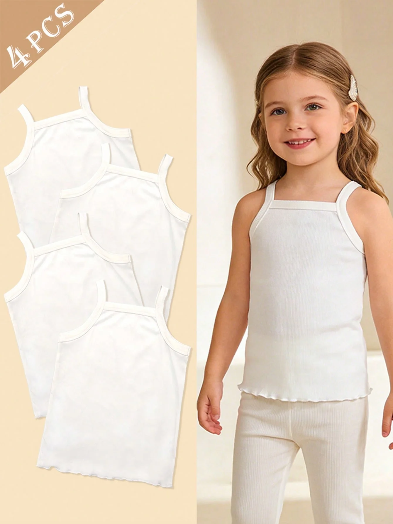 4 Pairs of Girls' Vertical Striped White Camisoles, Soft Tanks for Girls to Layer under a Base Shirt or Wear Alone for Daily Wear