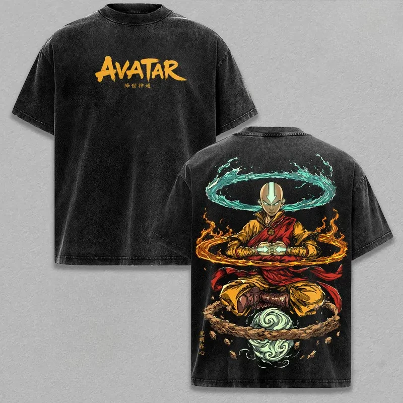 Avatar The Last Airbender Aang Printed Tee Men Women Retro Washed T-shirts Cotton T Shirt Short Sleeve Clothing Harajuku Tshirt