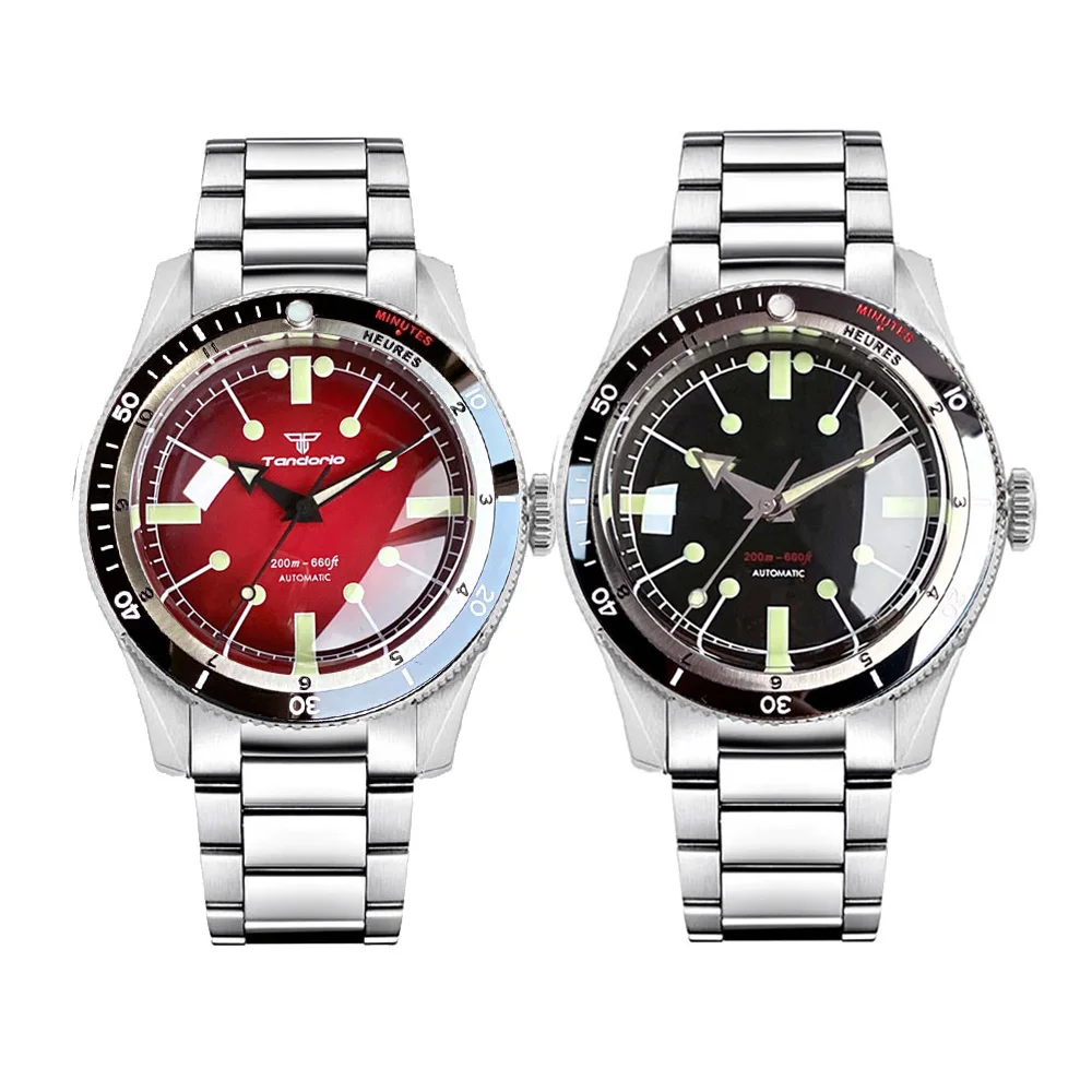 Tandorio Japan NH35A PT5000 Mechanical Mens Watch 20BAR Waterproof Sapphire Luminous Red Black Dial Stainless Steel Bracelet