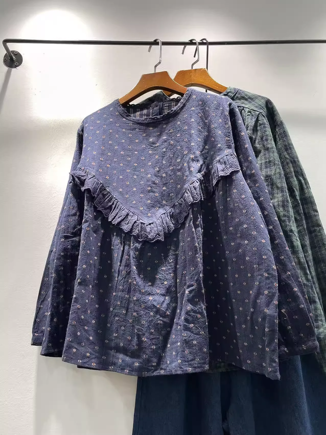 

Mori Girl Japan Style Vintage Navy Blue Polka Dot Print Shirts and Blouses for Women Pullover Autumn Cotton Long Sleeve Shirts