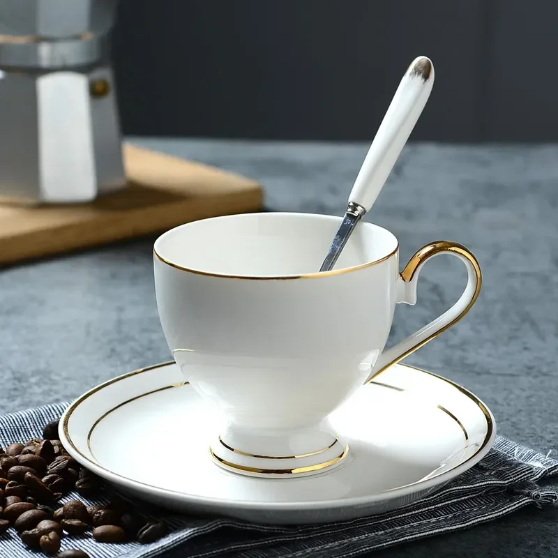 Gold Painted Bone China Coffee Cup Saucer Spoon Set 200ml Ceramic Tea High-grade Porcelain Teacup Drinkware Drop Shipping