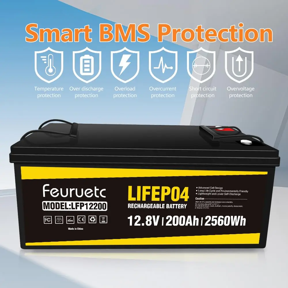 Feuruetc 12V 200Ah Lithium LiFePO4 Battery，4000~8000 Cycles，Built-in BMS，Perfect for RV, Solar,Overland, Home Energy Storage