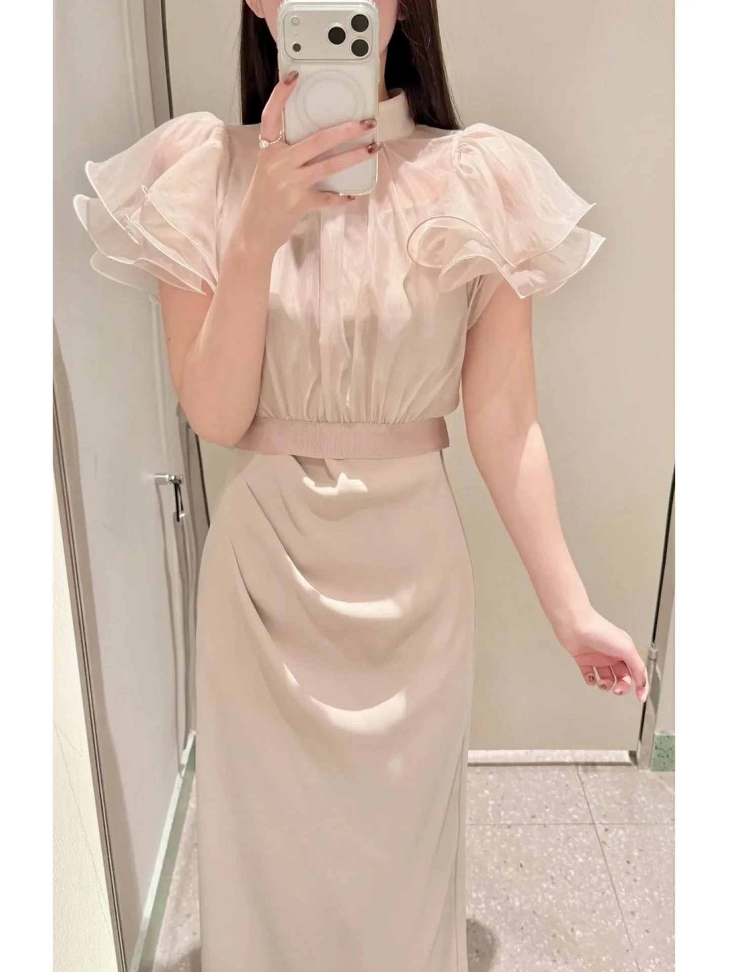 

Elegant See-through Lace Overshirt Strapless Dress Two-piece Set Women's High Waist Polymode Polyester Midi Dress Spring New
