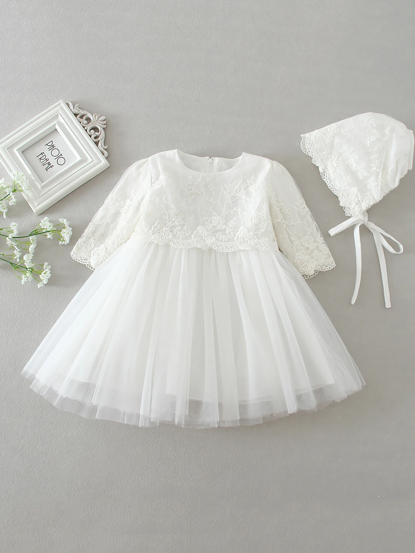 White Christening Dress for Newborn Babies With Long Sleeved 3 Months Baby Dress Little Girls Lace Baptism Ball Dress+Hat