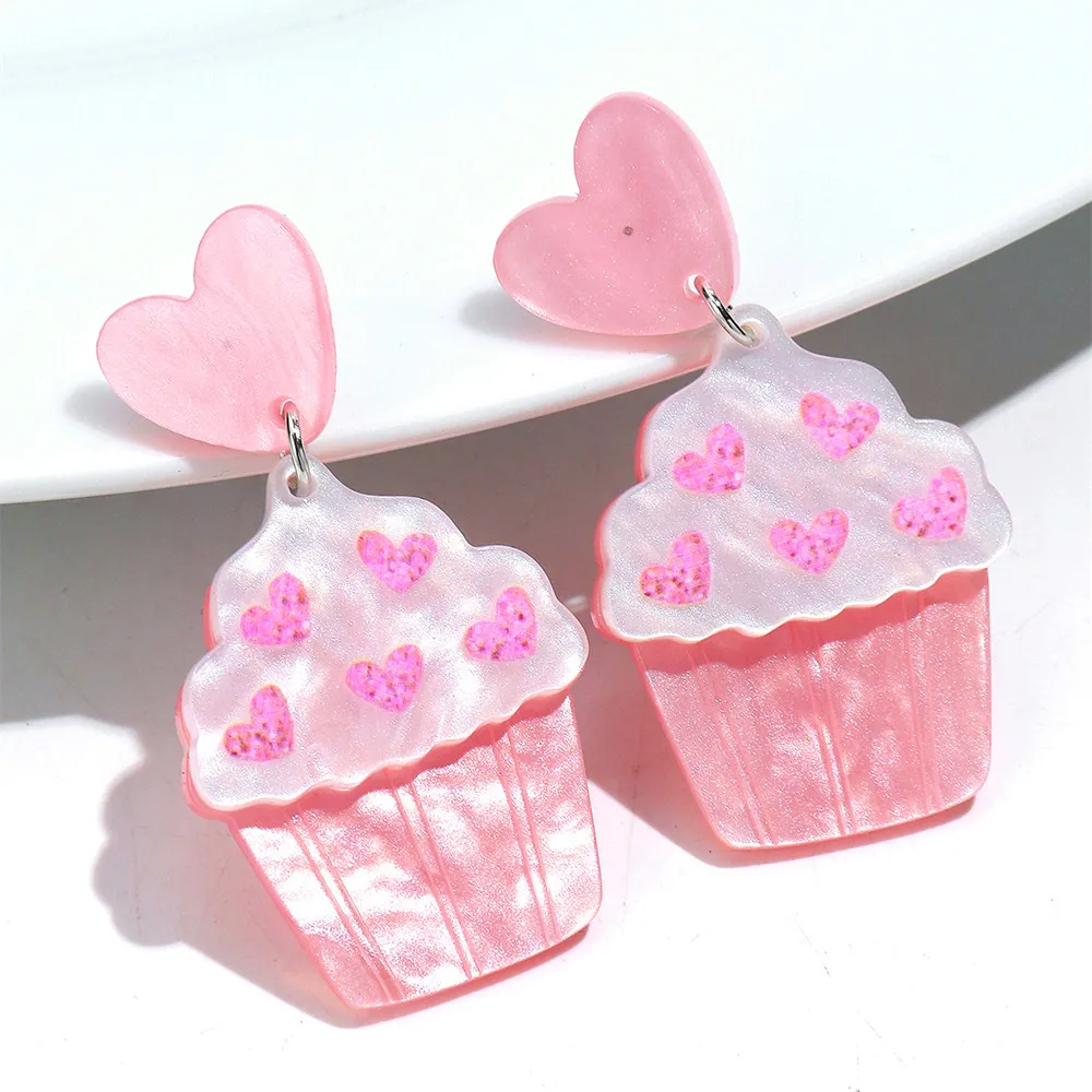 Neue Süße Rosa Cupcake Acryl Tropfen-Ohrringe für Frauen Romantische Niedliche Herz-Hängeohrringe Valentinstag Schmuck Geschenk