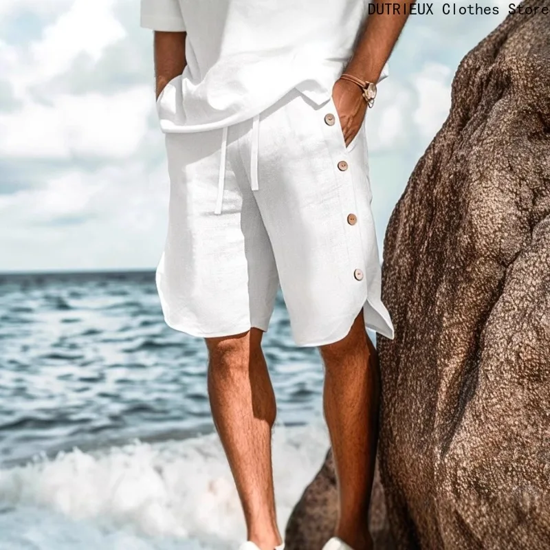 

Новые летние мужские пляжные брюки из хлопка и льна с завязками, однотонные свободные шорты, дышащие тонкие повседневные шорты для отпуска