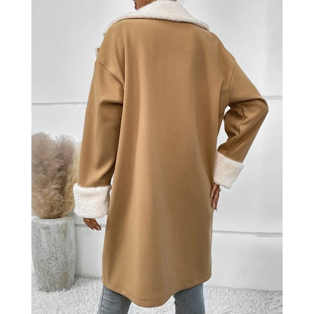 Winter Fashion Women Teddy Double Breasted Fluffy Coat Femme Casual Turn-down Collar Colorblock Long Sleeve Peacoat Outwear traf