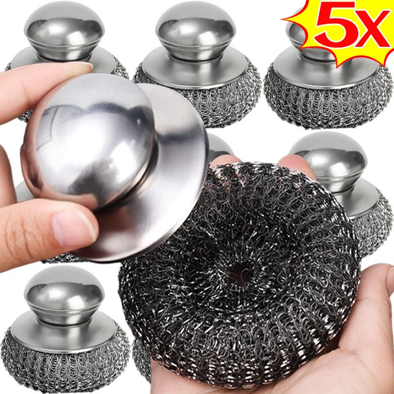 Detachable Steel Wool Pot Brush Round Handle Dishwashing Brush Household Rust Removal Cleaning Tool Kitchen Utensils Scrubber