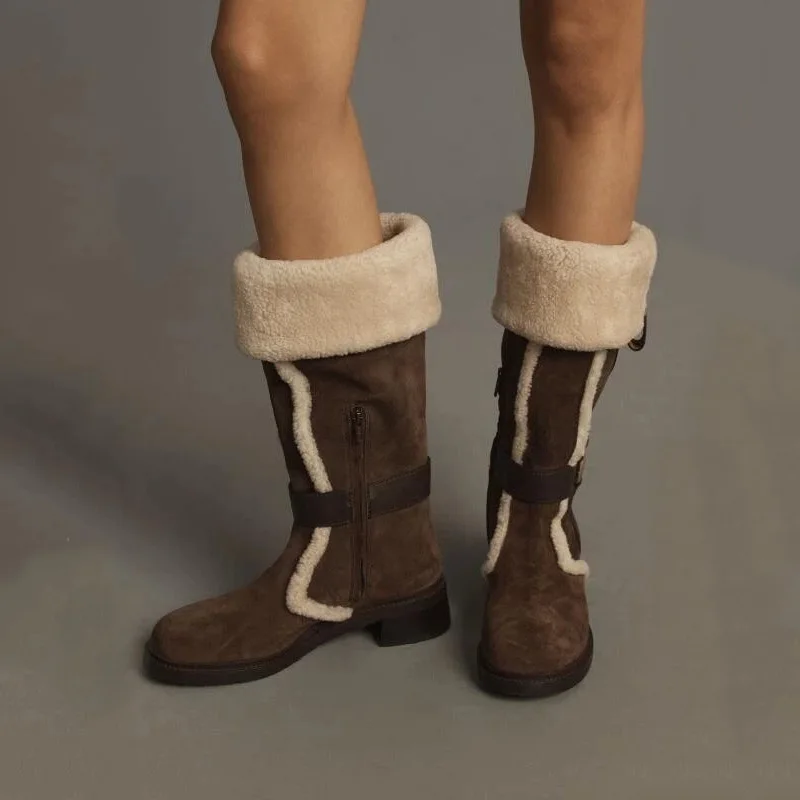 

Women's Suede Knee High Boots Shearling Cuff Gold Buckle Strap Block Heel ladies Warm Winter Casual Boots