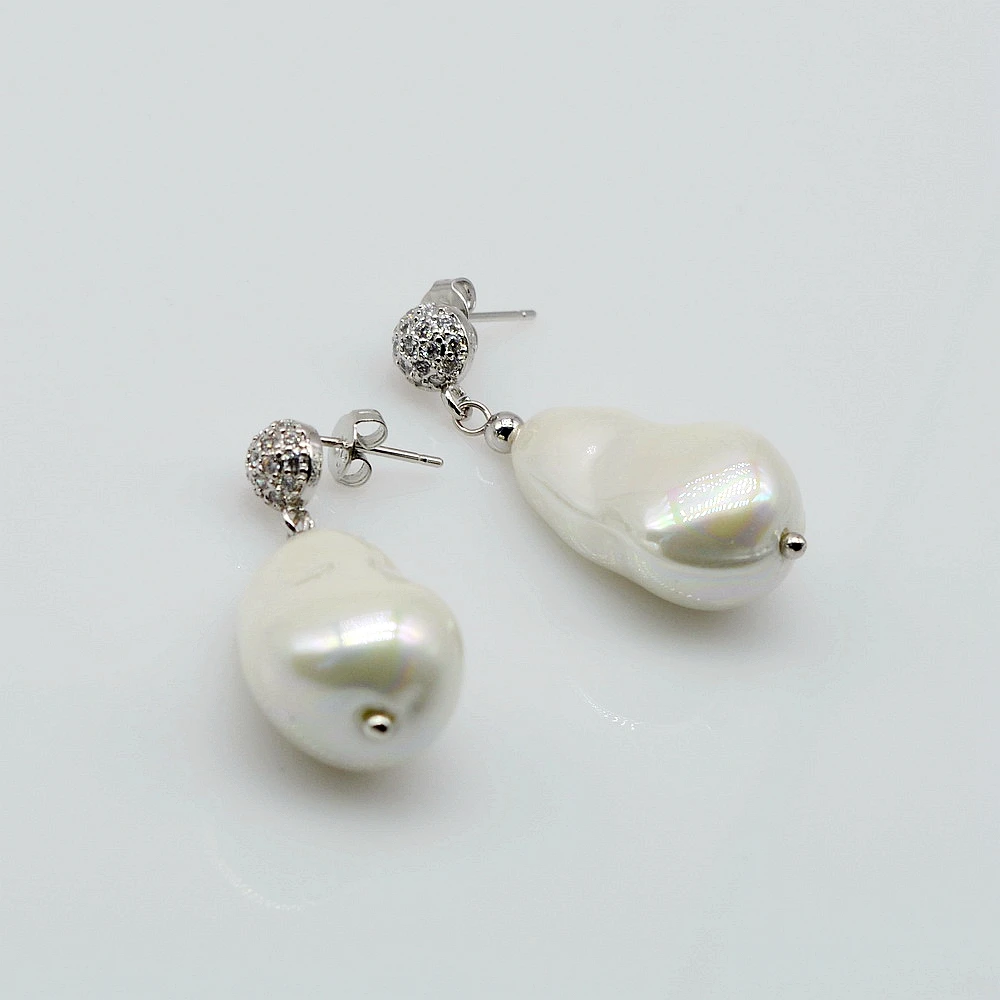 Large Pearl Earrings White Faux Baroque Pearl Drop Earrings Shiny Zircon Women's Earrings Engagement Jewelry