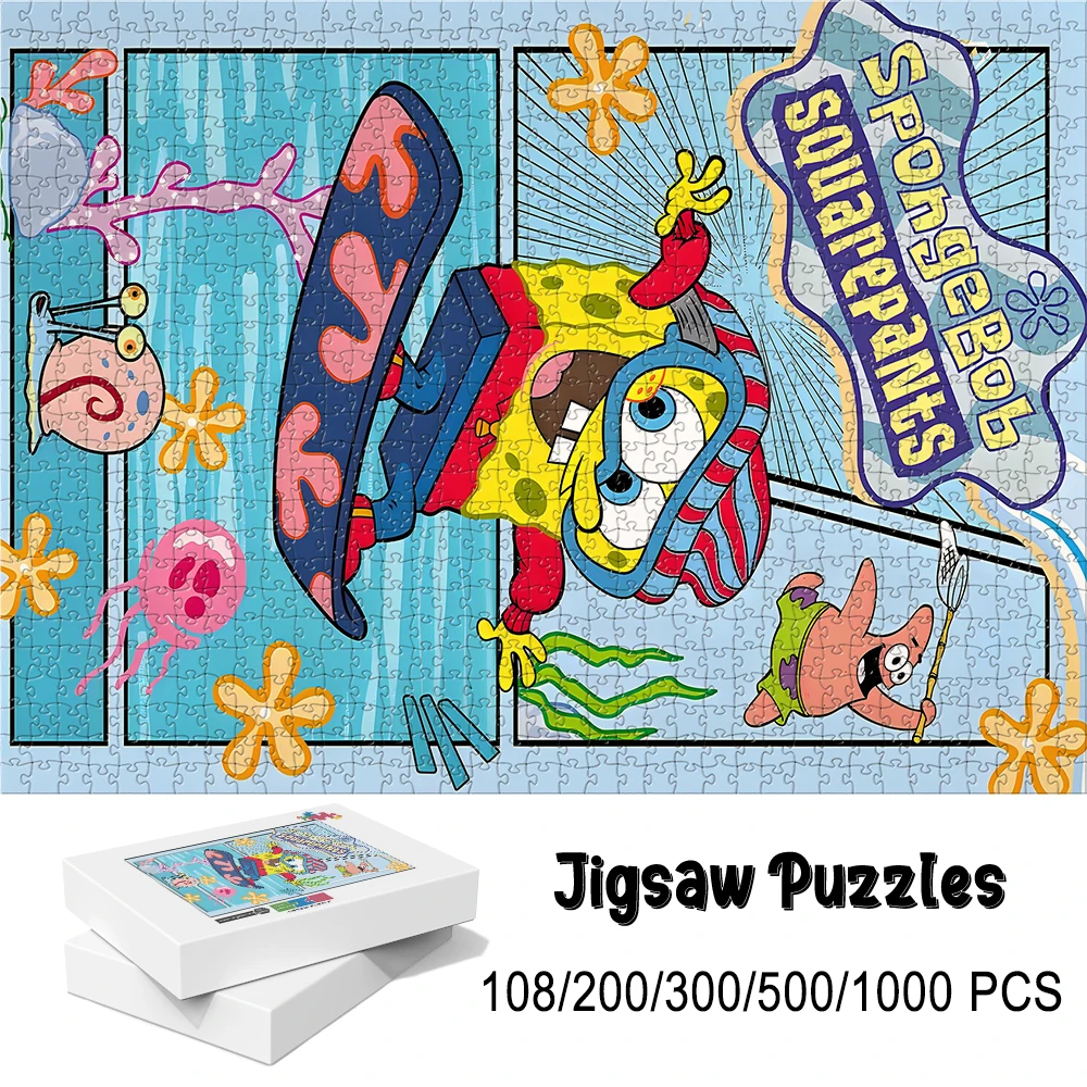 스폰지밥 스케이트보드 테마 나무 바닥 퍼즐 게임 - 108/200/300/500/1000 조각으로 제공