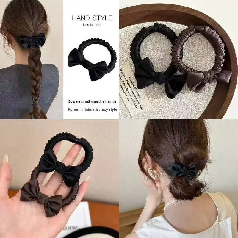 2pcs Korean Style Satin Bow Small Scrunchie Braided Hair Tie Elastic Flower Hair Accessories for Women