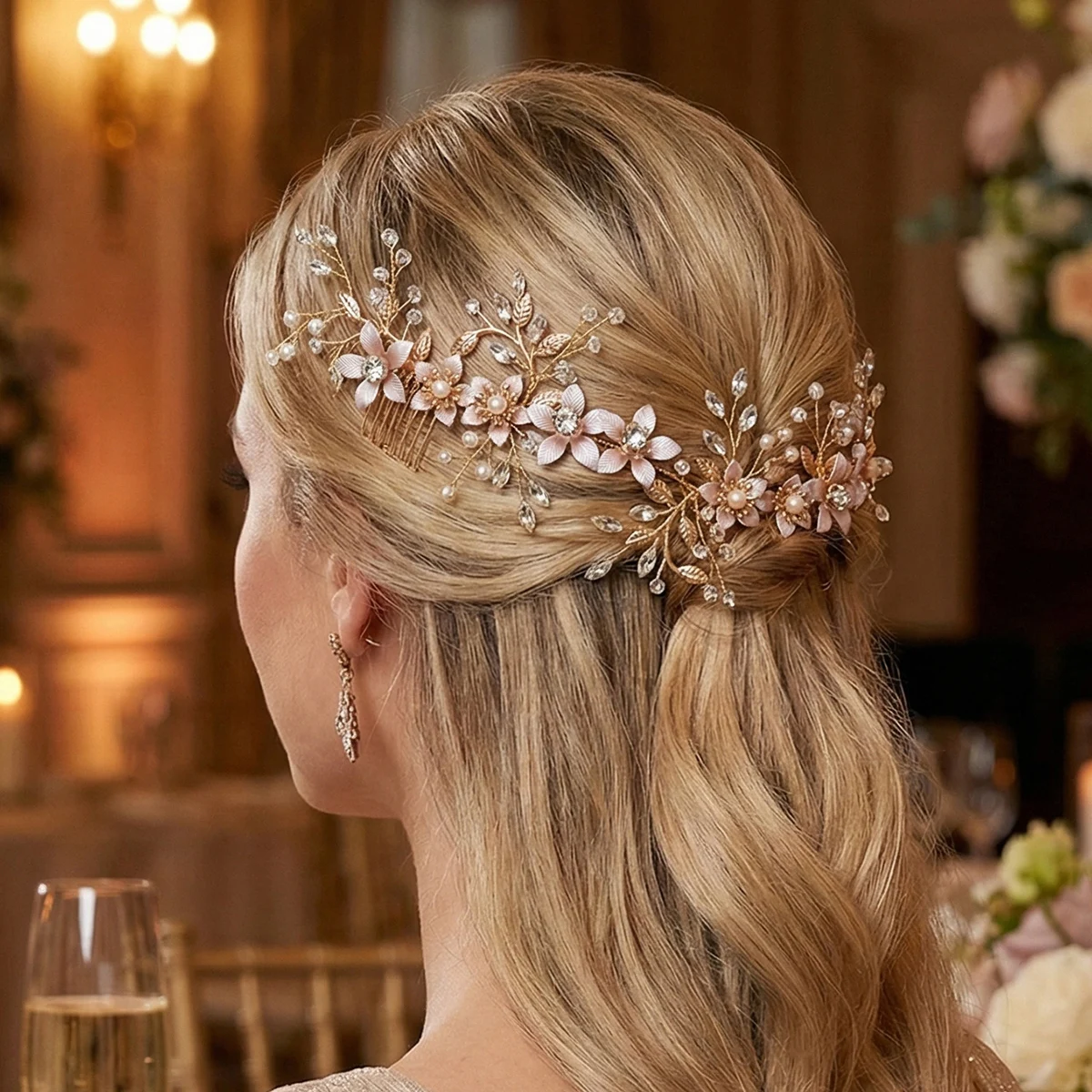 

Delicate Handmade Floral Double Comb Hairband Alloy Leaf Elegant Pearl Crystal Hair Clip For Women Party Hair Accessories