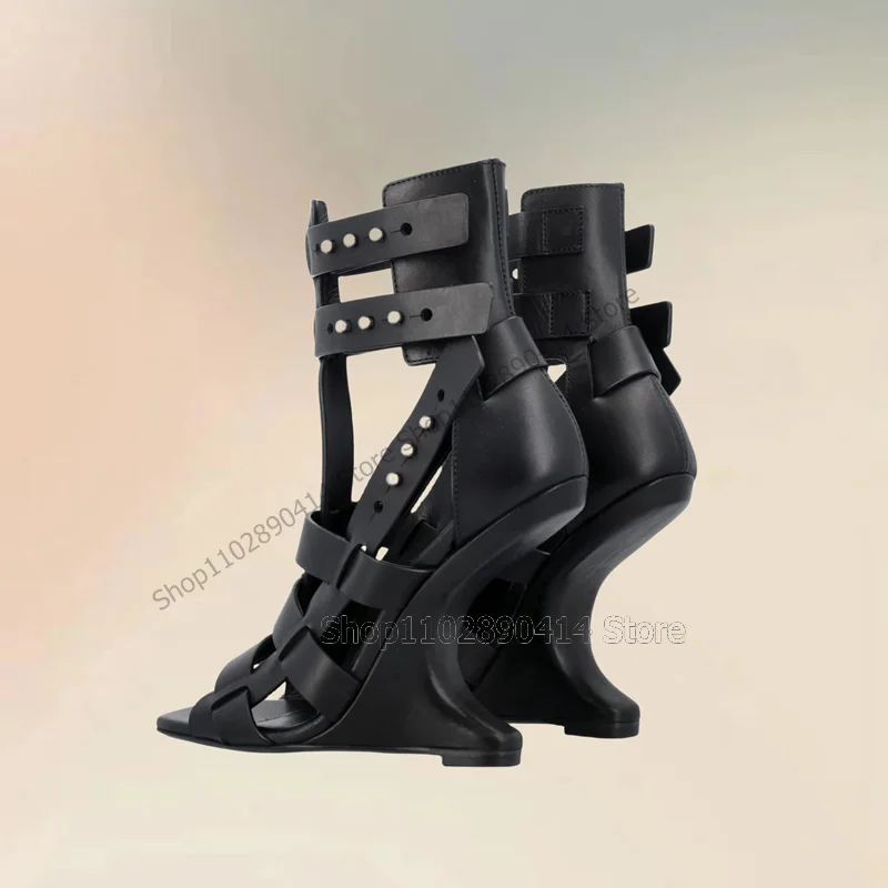 Black Hollow Design Strange Style Heels Open Toe Sandals Ankle Buckle Strap Women Shoes Novel Fashion 2023 Zapatos Para Mujere