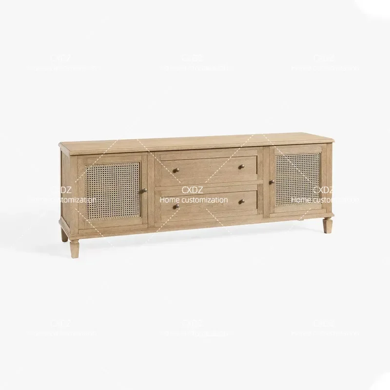 Retro Solid Wood Rattan TV Cabinet Wall Mounted Integrated Storage Unit for Living Room High End Decorative Console
