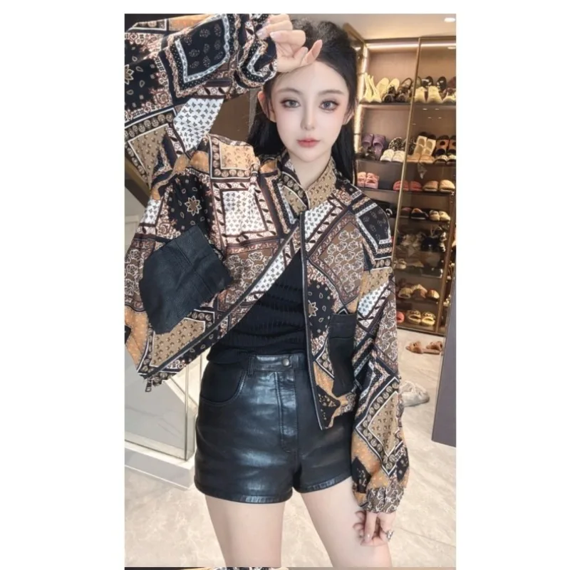 Protezione solare in pelle di pecora patchwork stampato retrò, dimagrimento alla moda, elegante ed elegante, versatile, cappotto di fascia alta stile Ins