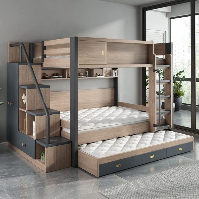 #   Cama litera con estructura de madera maciza, cama para niños, muebles para dormitorio infantil con escaleras de almacenamiento para apartamento, unidad de cama alta