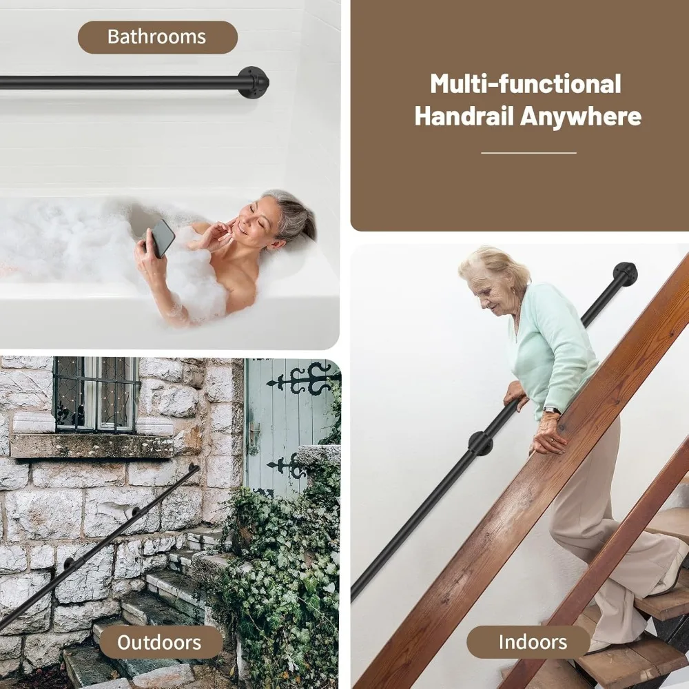 درابزين الدرج الصناعي المثبت على الحائط، بطول 10 أقدام، 1.3 متر للسلالم الداخلية، فولاذ مجلفن أسود، قضبان إمساك آمنة