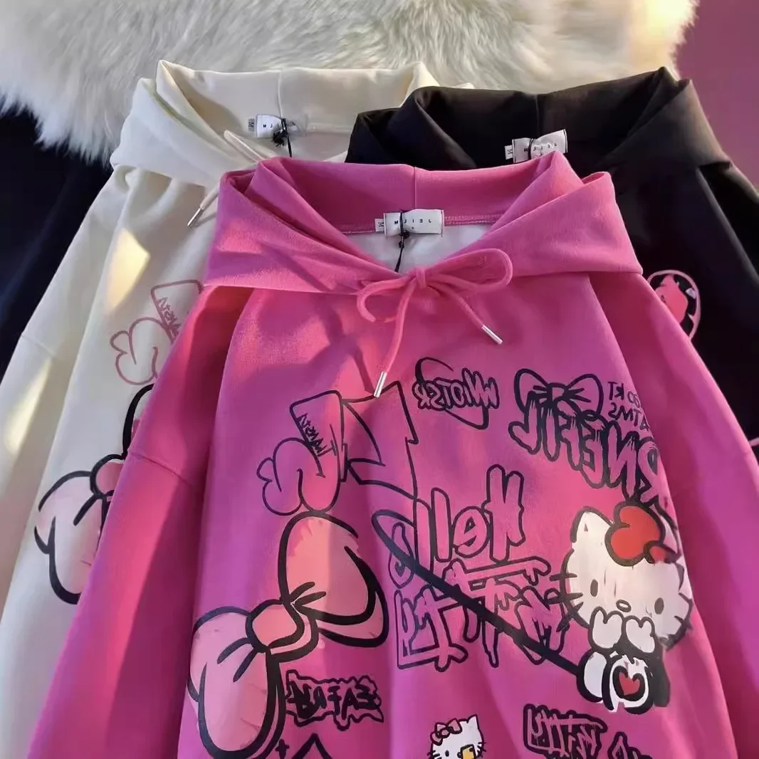 Sanrio Hello Kitty Hooded Sweatshirt Thin Women Loose Comfortable Print Cute Cartoon Y2k Jacket Lazy Kawaii Gift