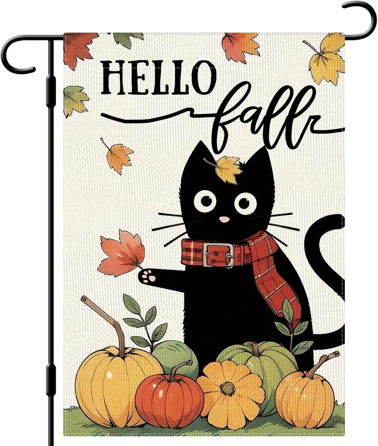 DLZDN Hello Fall Cat Garden Flag Autumn Black Cat Pumpkins Flag 12×18 Inch Double Sided Buffalo Plaid Farmhouse Yard Flag Thanks