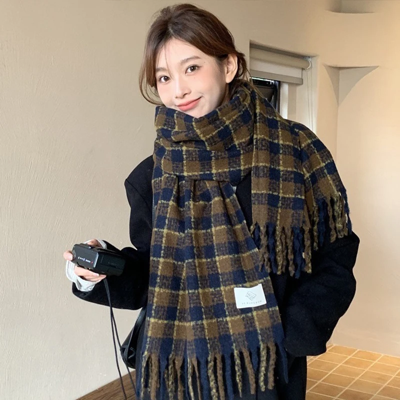 Winter Warm Scarf Vintage Korean CashmereScarf Thicken Tassel Shawl  Neck Warmer Plaid Long Neck Adult girl Gift Accessories