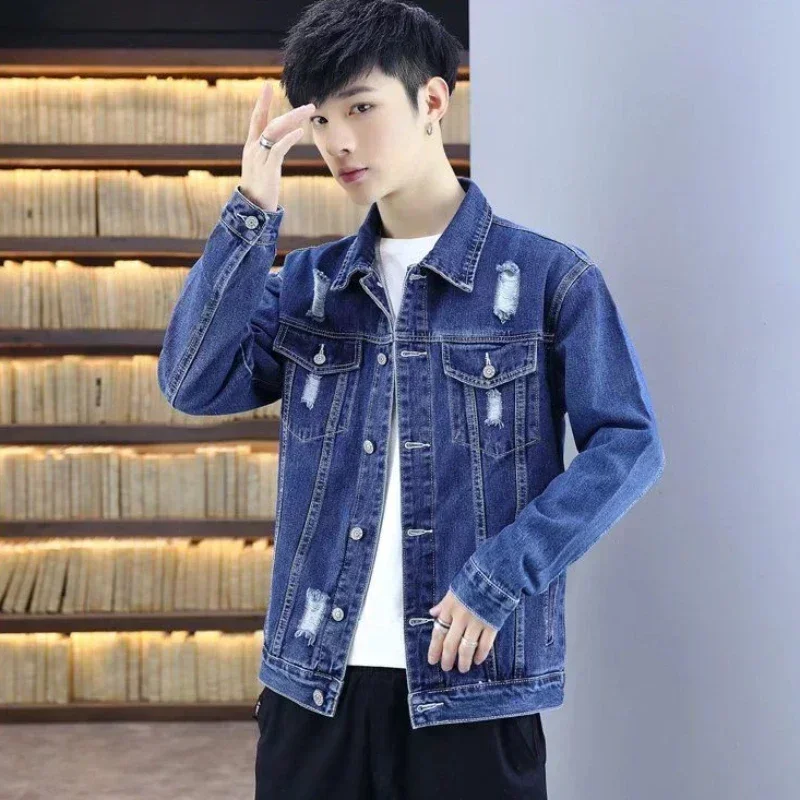 Jeans Coat for Men Autumn Ripped with Hole Denim Jackets Man Blue New in Winter Outerwear Y2k Low Cost Menswear Korean Style G