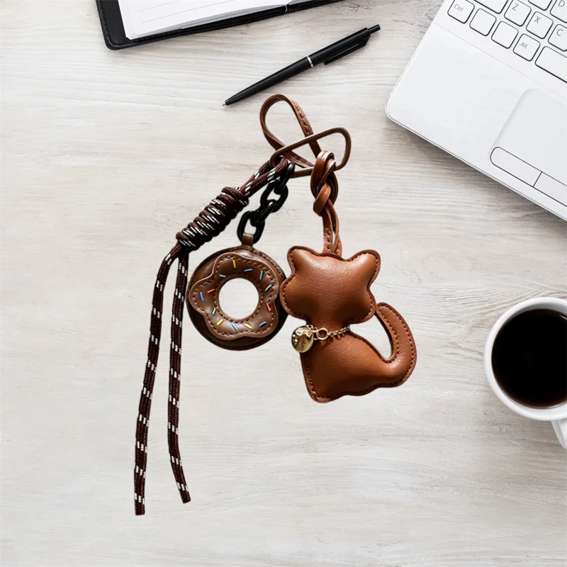 Cute Leather Cat Bag Charm Kawaii Donuts Keychain with Aesthetic Backpack Pendant Gift for Cat Lovers Women Girls