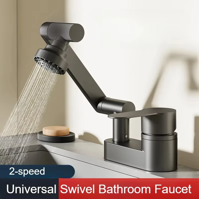 Grifo de baño gris pistola، grifo de agua fría y caliente de doble orifcio، lavabo de dos velocidades، valvula mezcladora girat