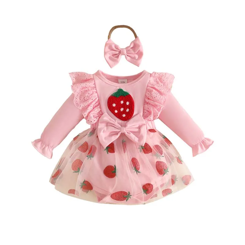 Baby Clothing Girl Dresses Long Sleeves Strawberry Tulle Bodysuit Skirts with Headband Pink Princess Dress Newborn 0–18 Months