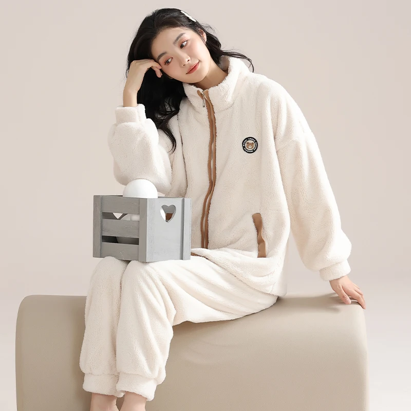 MiiOW Winter Women Zipper Thick Warm Flannel Pajamas Set Long-sleeves Coral Fleece Loungewaer Korean Ladies Cute Bears Sleepwear