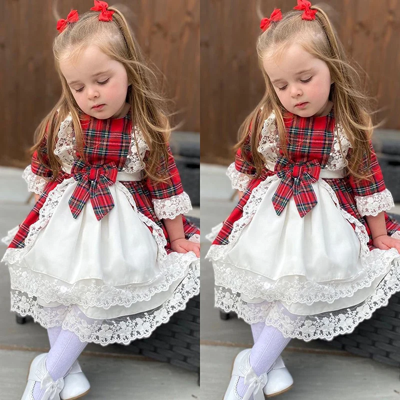 1-7Y Kids Baby Girls Christmas Red Dress Toddler Children Plaid Print Bow Lace Tutu Party Dresses New Year Xmas Costumes