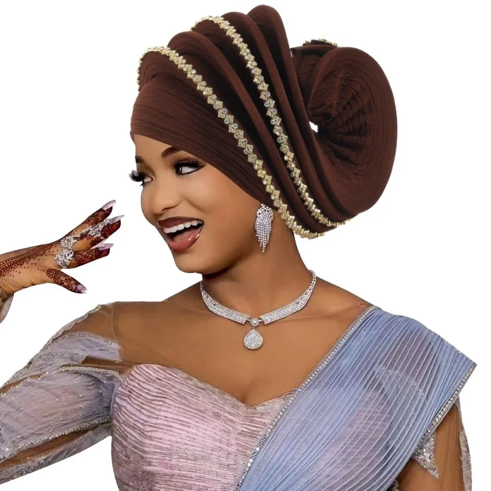 Luxury Rhinestone Decor Spiral Turban Sparkling Ethnic African Turban Cap Gele Headpiece For Women Ladies