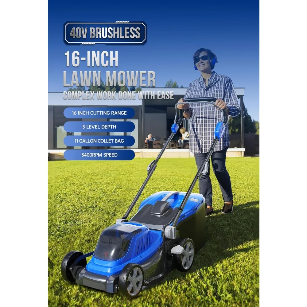 40V Brushless 16 Inch Cordless Lawn Mower with 5 Adjustable Cutting Heights, Equipped with 20V * 2 4.0AH Battery and Charger