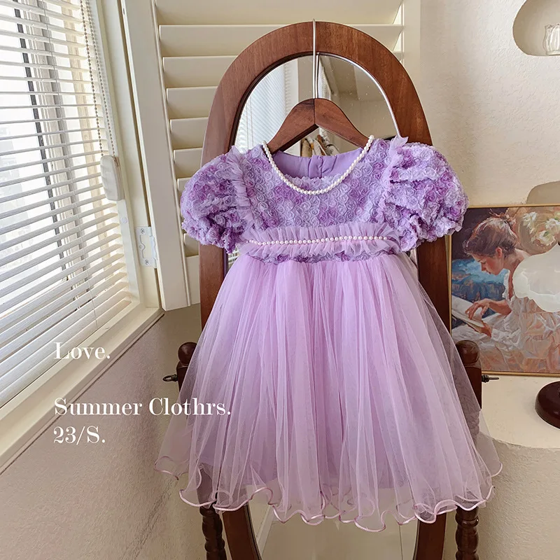 HoneyCherry New Girl\'s Summer Casual Dress with 3D Rose Flower Design and Cute Mesh Princess Dress