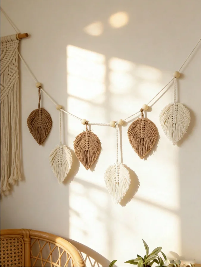 1 Stück Bohemian-Style Blatt-Hängedekoration, Cremeweiße Blatt-Wanddekoration, Handgefertigte Blattmuster-Quastendekoration