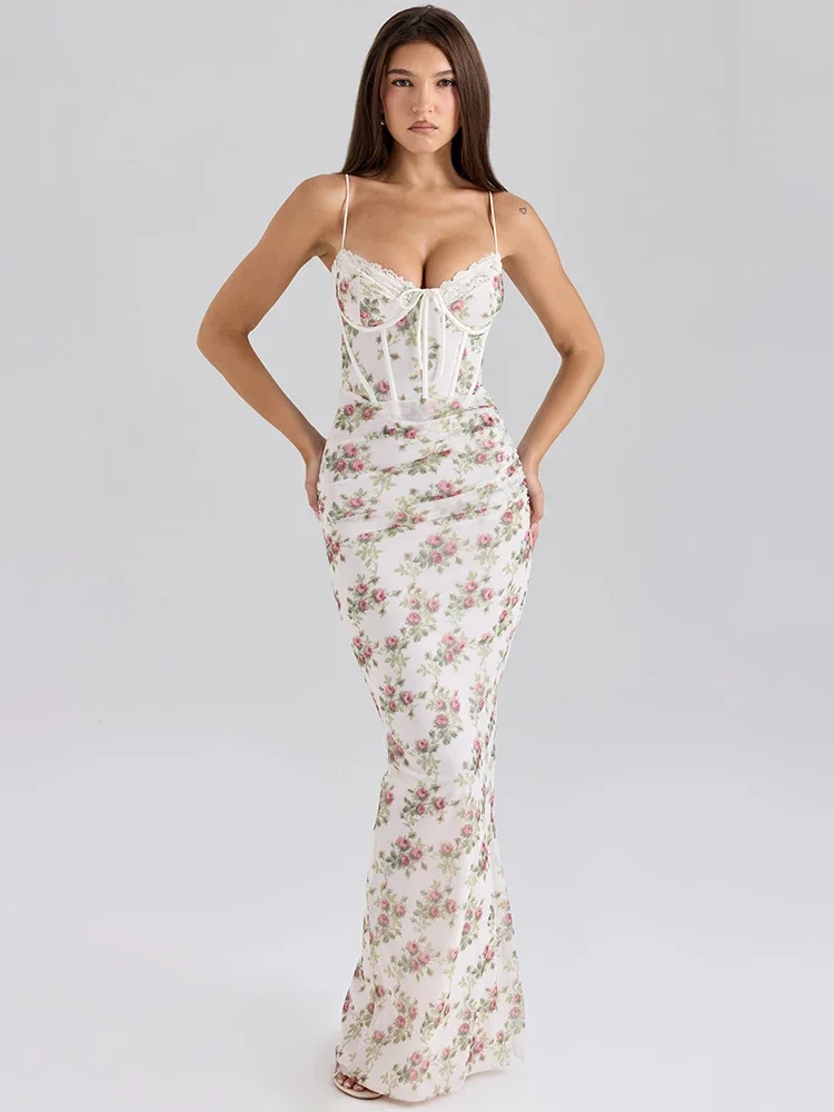 

Spaghetti Strap Print Sexy Maxi Dress Women Elegant Off-shoulder Sleeveless Backless Bodycon Ruched Club Party Dress