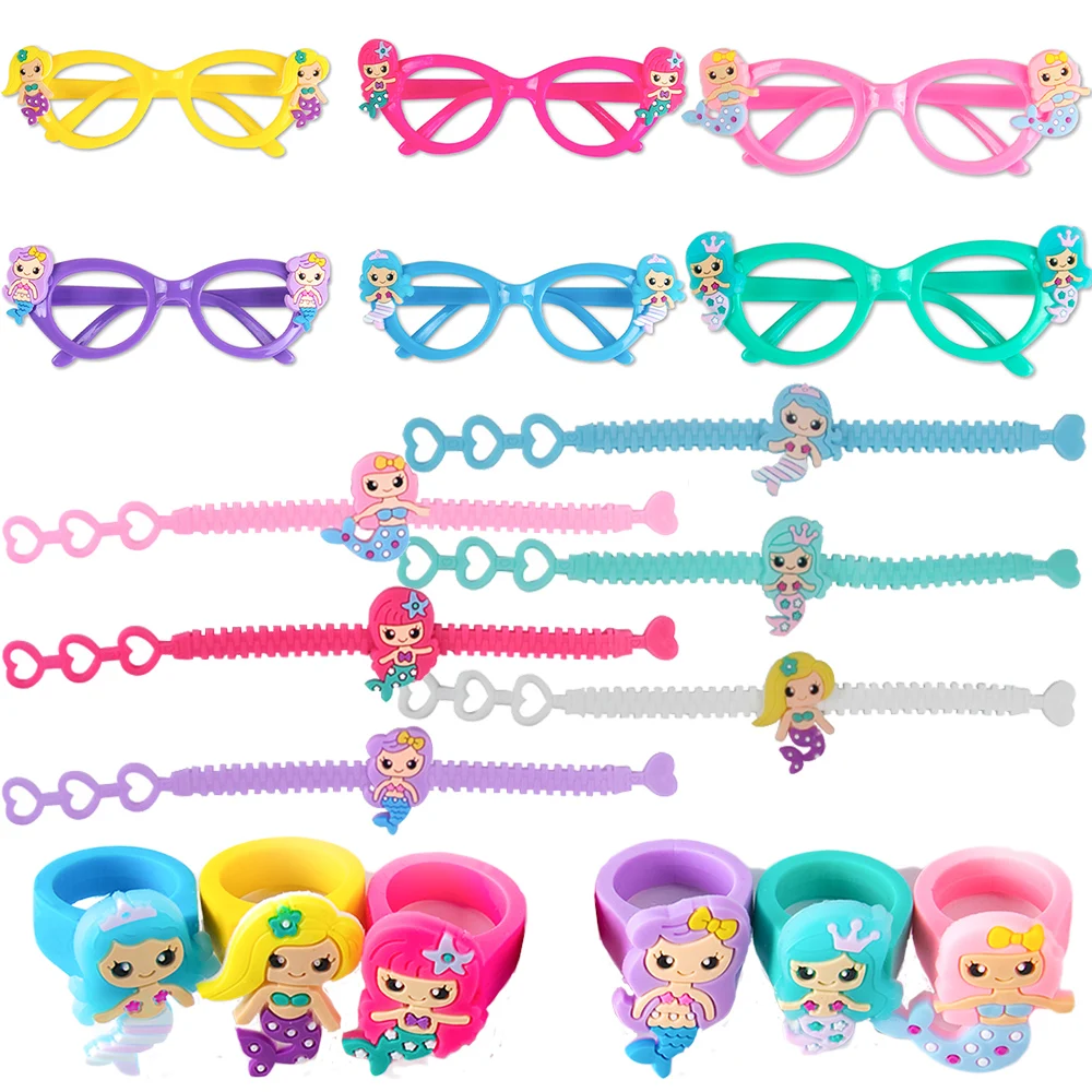 Cartoon Mermaid Glasses Ring Bracelet Mermaid Party Gifts for Kids Little Mermaid Theme Girls Baby Shower Party Decor Kids Toys