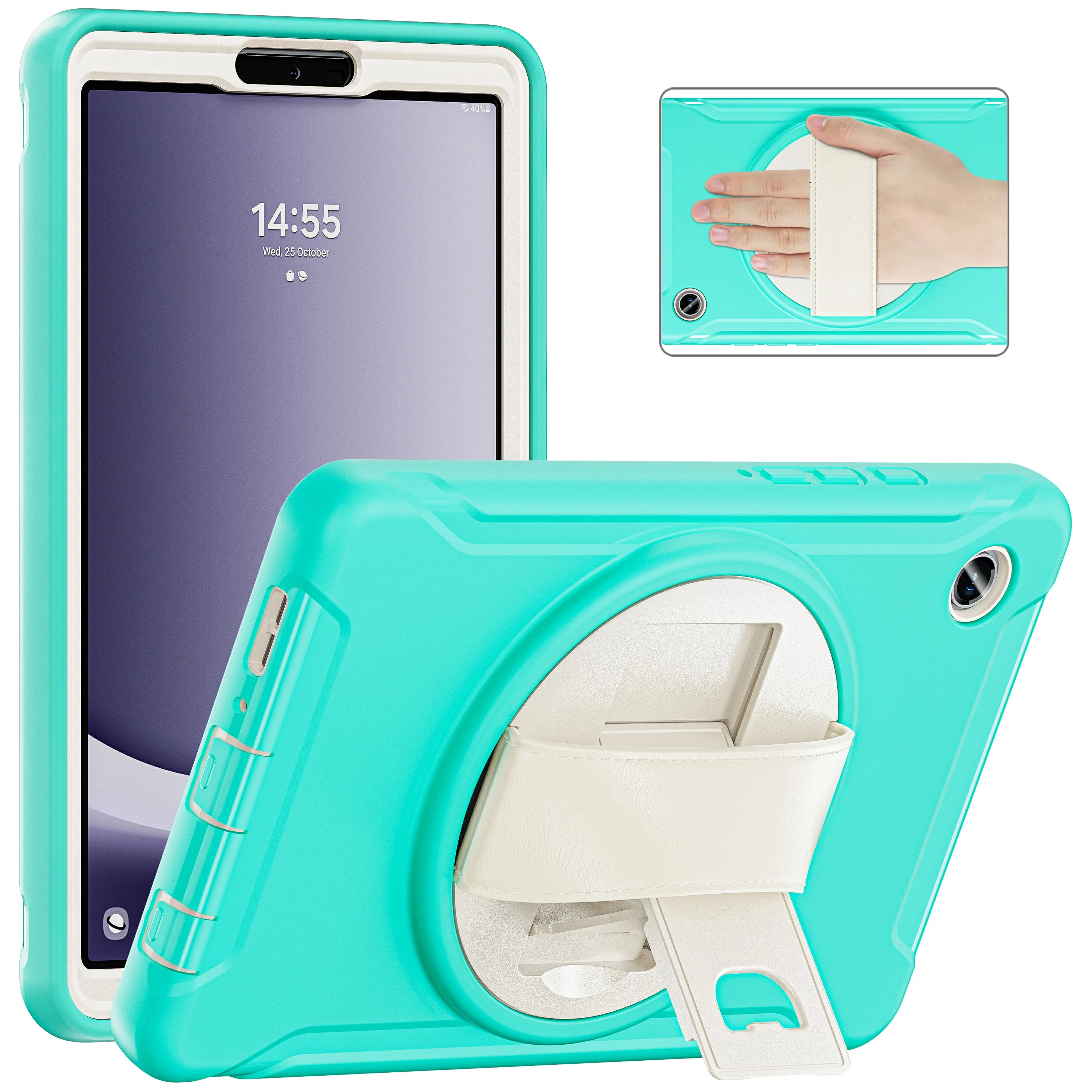 

For Samsung Galaxy Tab A9 Rugged Case Hand Strap Kickstand Tablet Cover - Mint Green