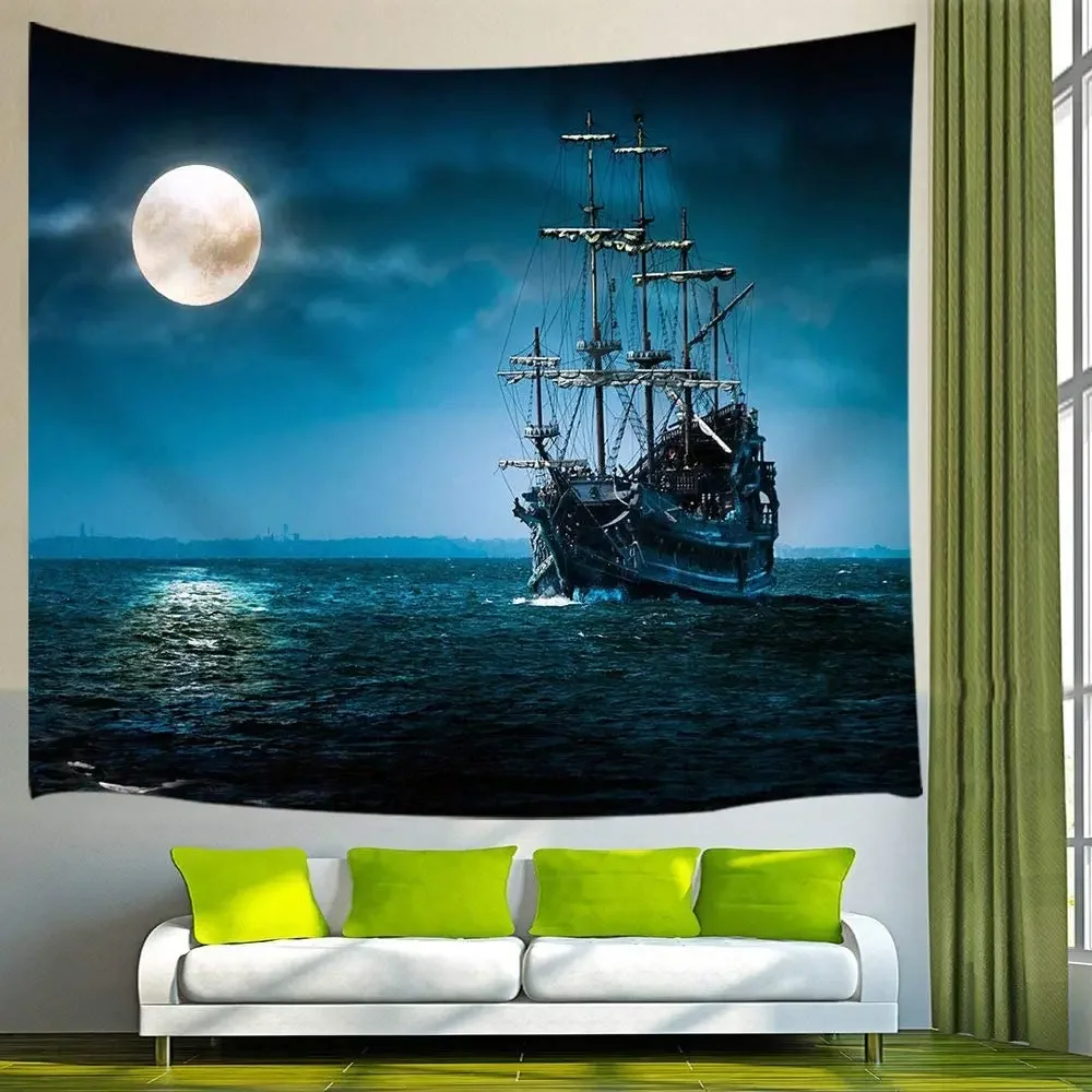 Gothic Decor Tapestry Pirate Ship and Full Moon with Sea Ocean Wall Art Hanging