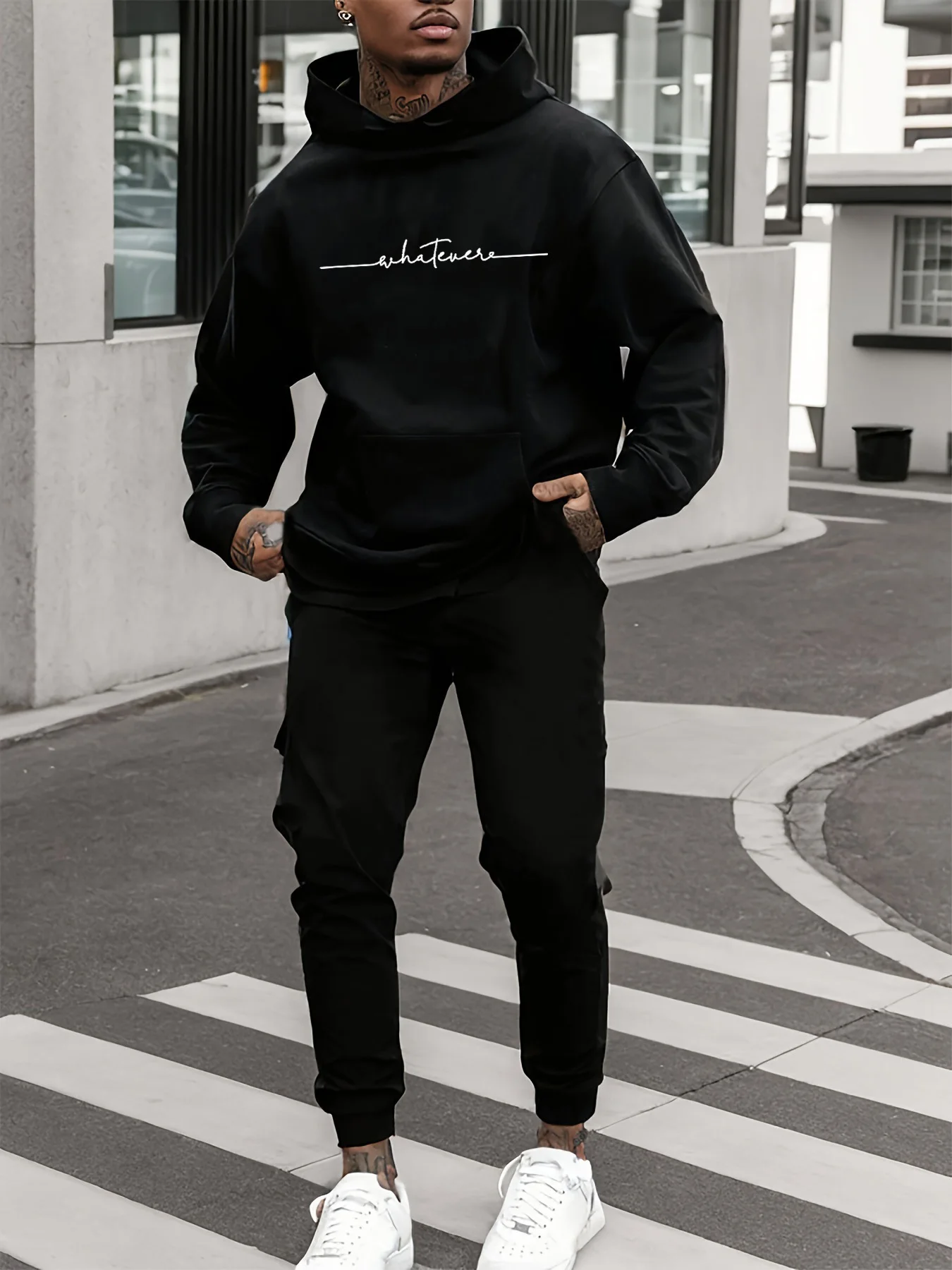 

Men's Autumn/Winter Casual Fashion Warm Simple Letter Pattern Printed Loose Thick Velvet Sports Hoodie+Sweatpants Set